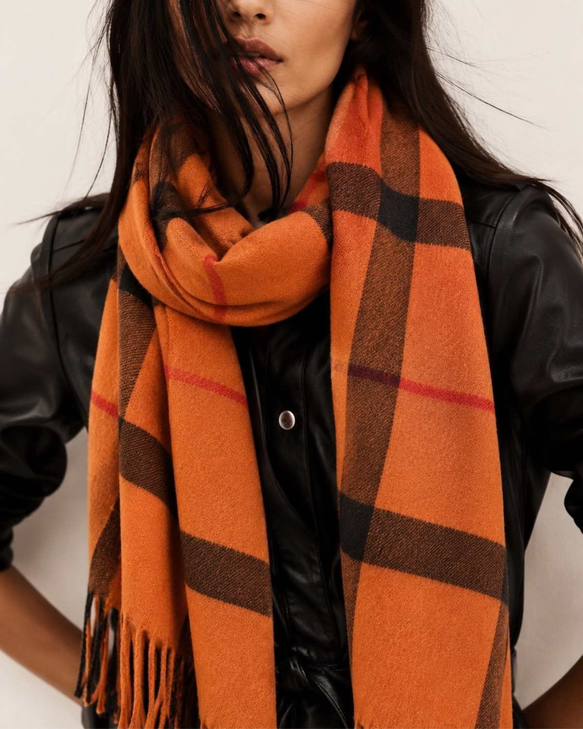 Cashmere Blend Check Scarf - Burnt Orange