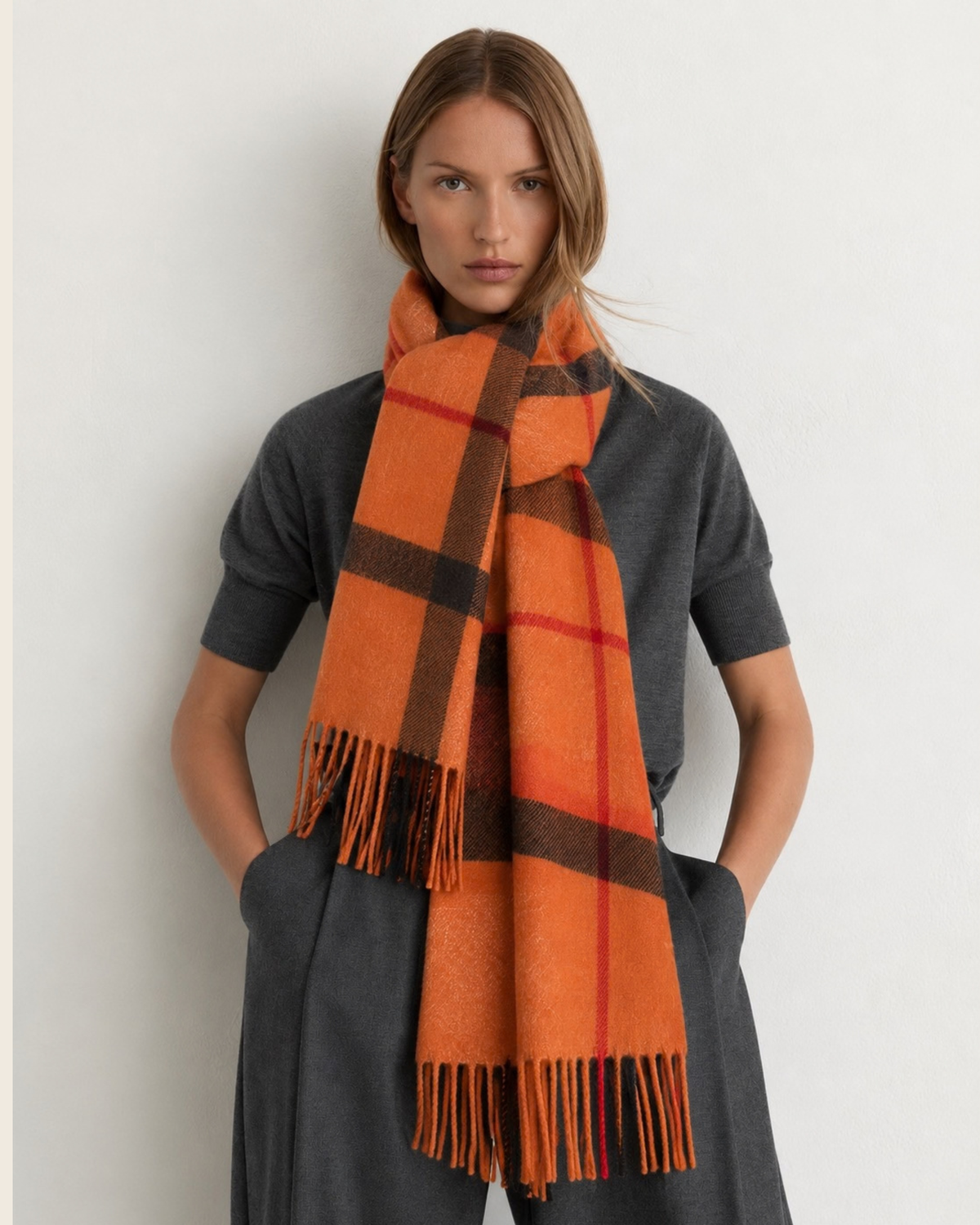 Cashmere Blend Check Scarf - Burnt Orange