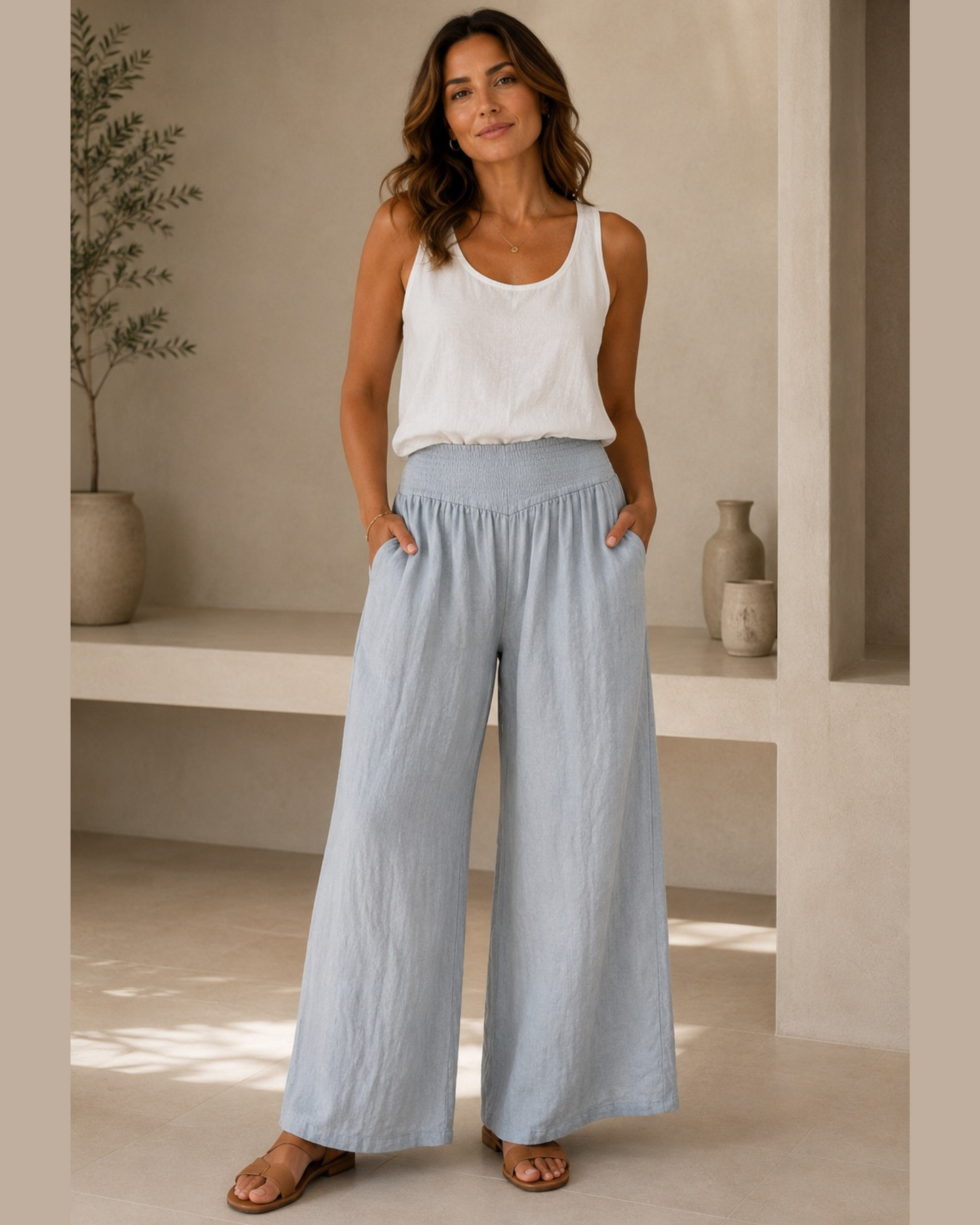 Italian Linen Wide Leg Grey Trousers