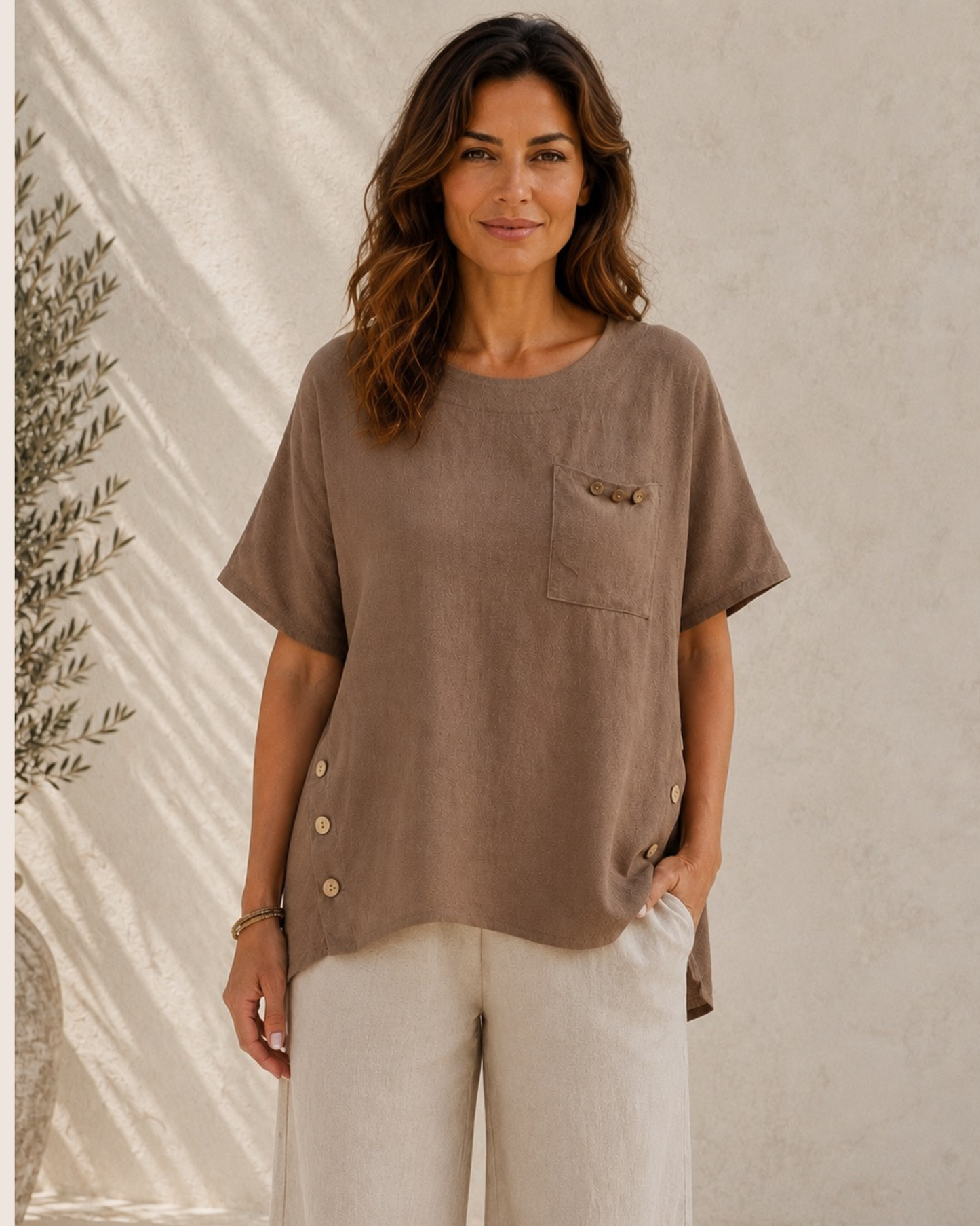 Button Detail Dip Hem - Brown