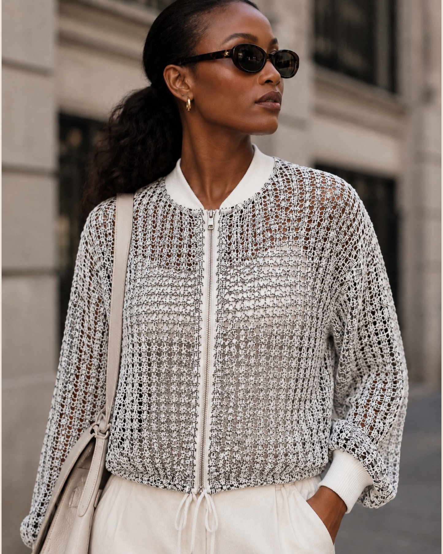 Crochet Bomber Jacket - Cream