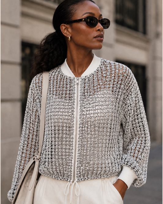 Crochet Bomber Jacket - Cream