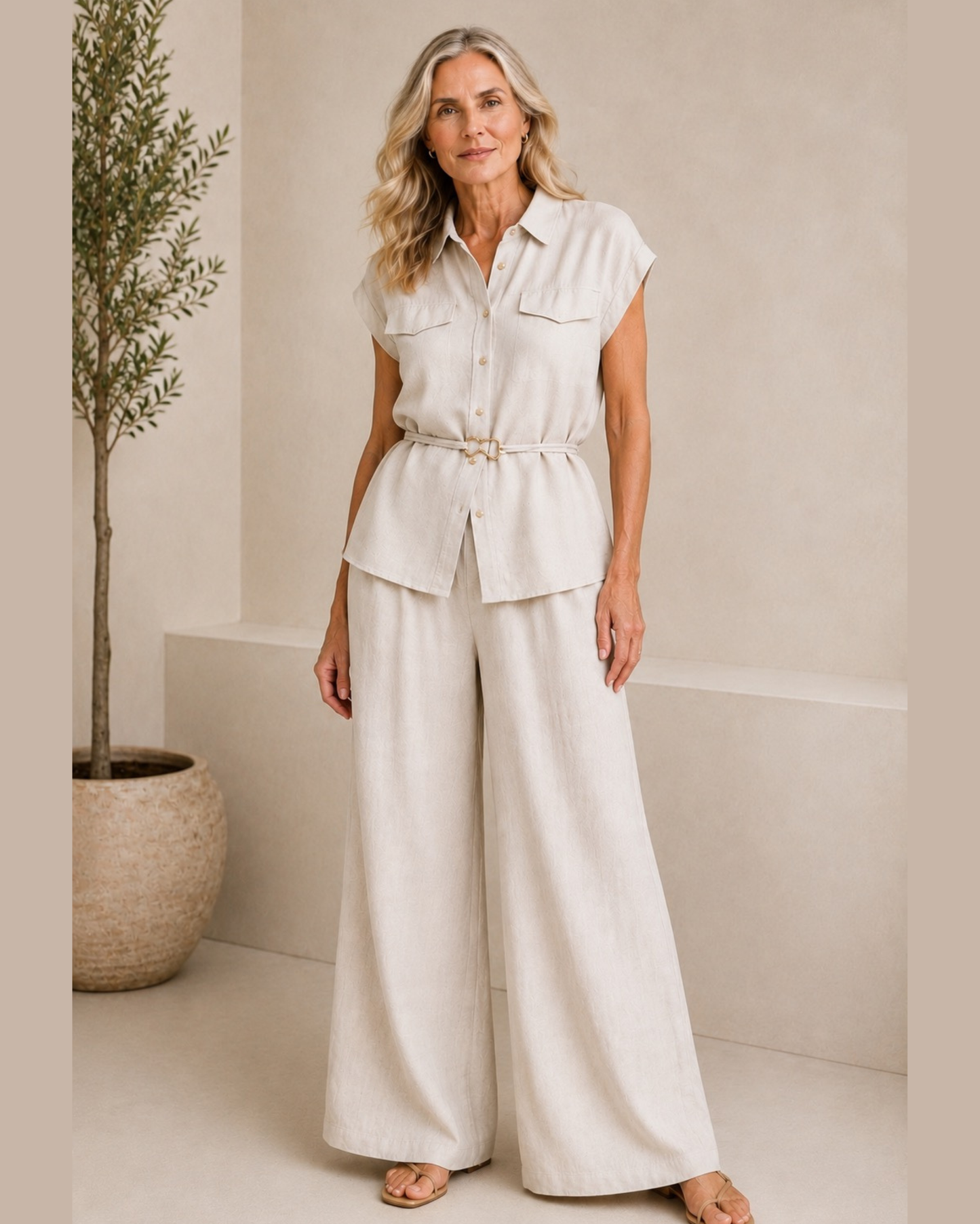 Belted Shirt & Wide-Leg Trouser Two-Piece