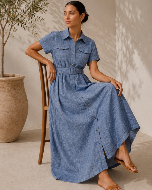 Denim Blue Belted Shirt Dress