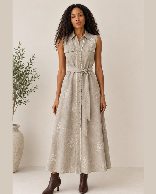 Embroidered Belted Midi Shirt Dress