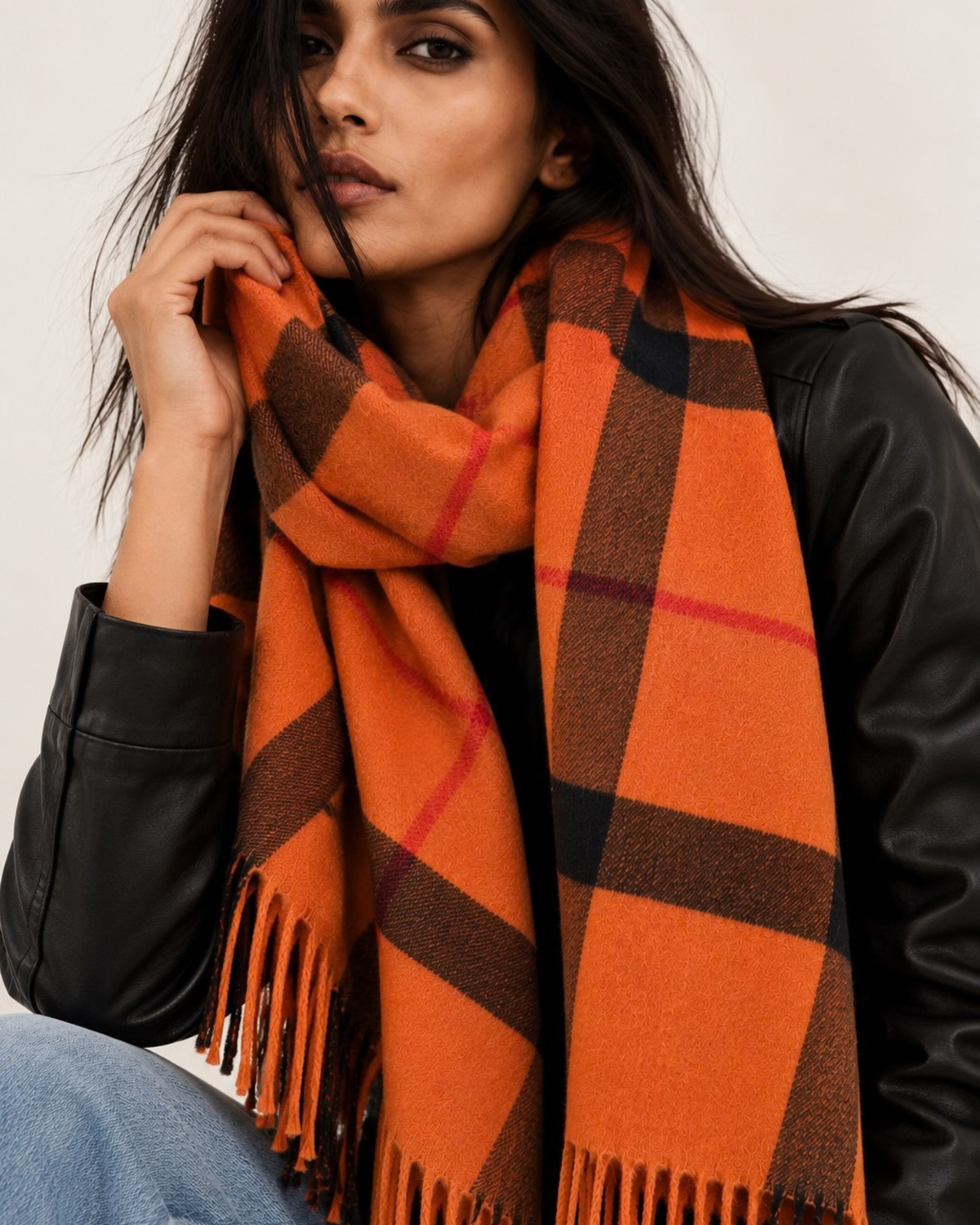 Cashmere Blend Check Scarf - Burnt Orange