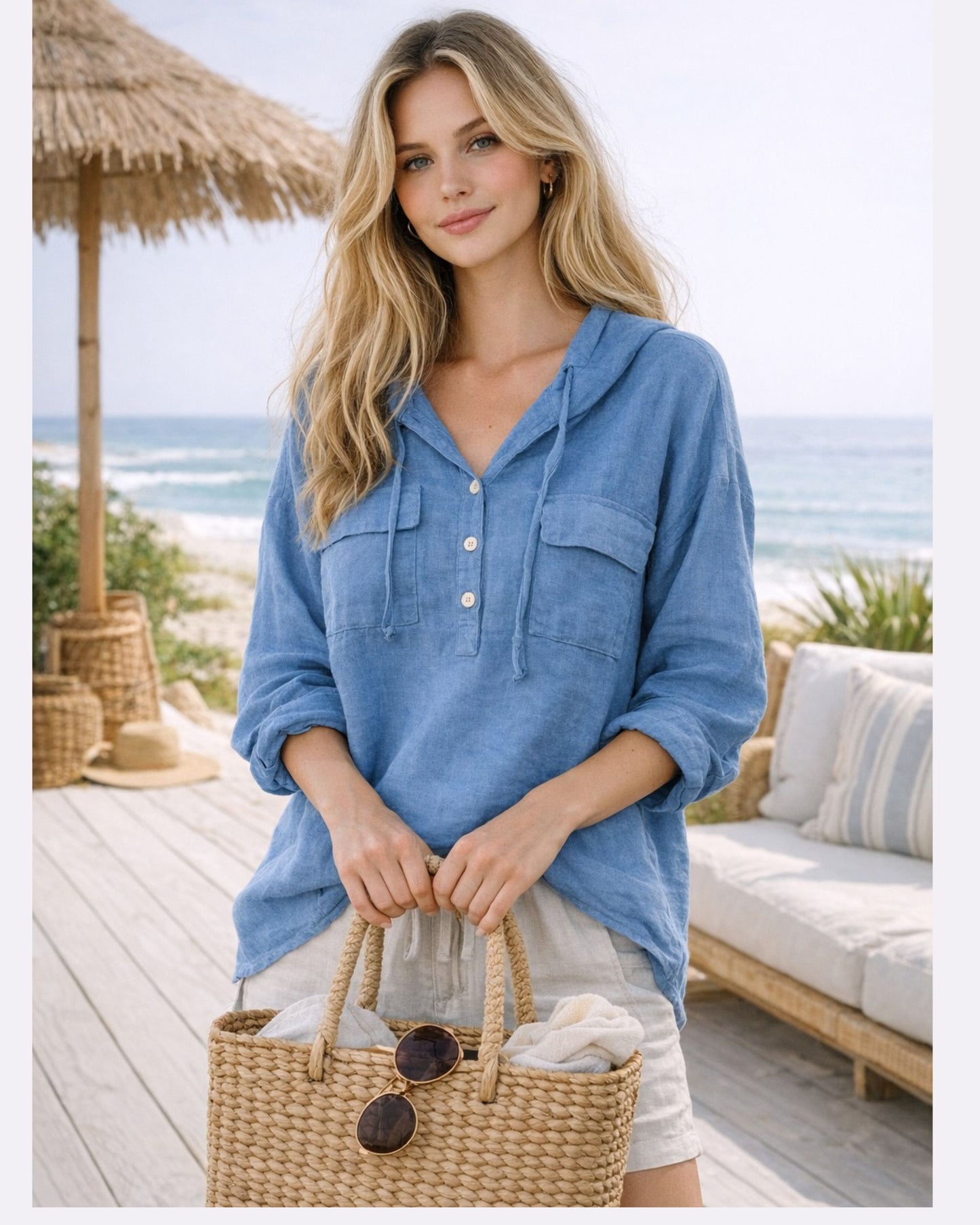 Italian Linen Top-Soft Blue/Made In Italy